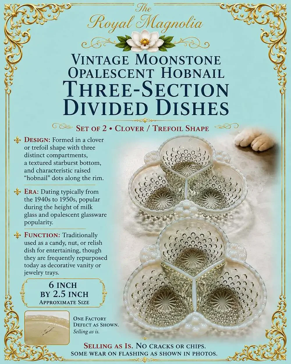Vintage Moonstone Opalescent Hobnail Three-Section Divided Dishes Set of 2